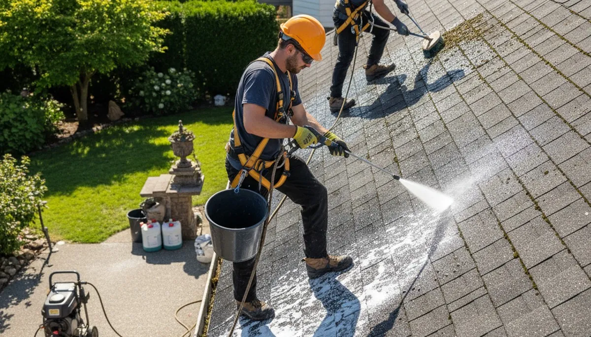 Professional roof cleaning service in Rochester, NY removing moss and debris from a home roof